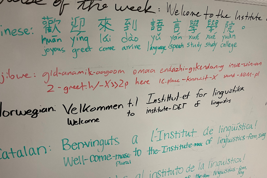 Multilingual welcome message in the Linguistics lounge
