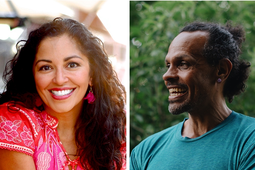 Two head and shoulder photos side by side, with (on left) person with long dark curly hair and light brown skin, smiling and wearing pink top; and (on right) person with dark curly hair pulled back and brown skin, smiling and wearing turquoise top