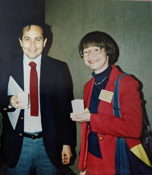 Bernie Bachrach and history collegue Kathryn Reyerson sharing coffee in the 1980s.