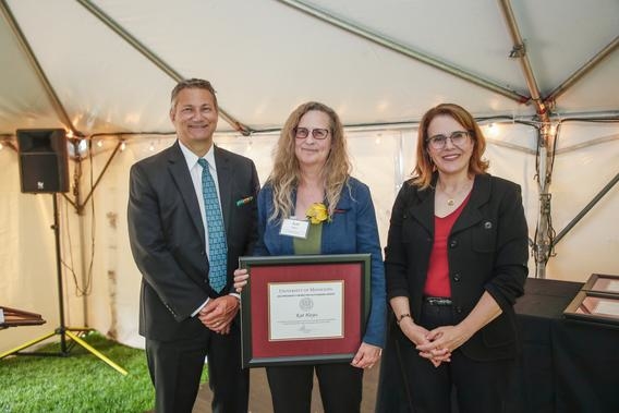 Kat Hayes with President Joan Gabel and Professor Mark Distefano, chair, President's Award for Outstanding Service Committee