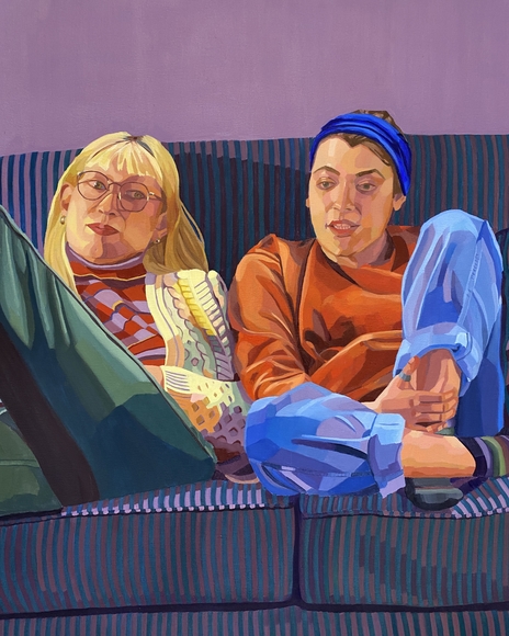 Painting of two people sitting on purple couch