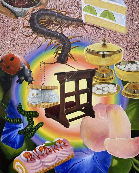 Surreal painting of insects and fruit