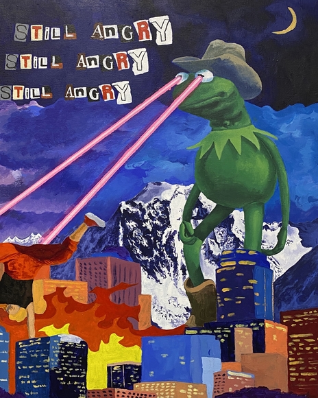 Painting of Kermit the Frog destroying a city with lasers from his eyes