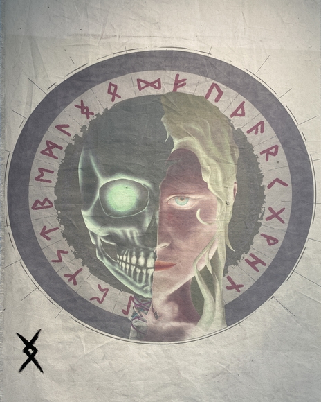Circle of rune around a head that is half skull and half blonde person