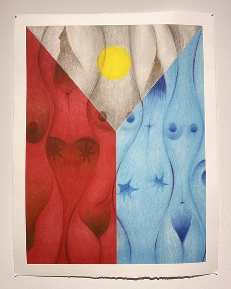 Red, Blue, and white drawing of female bodies