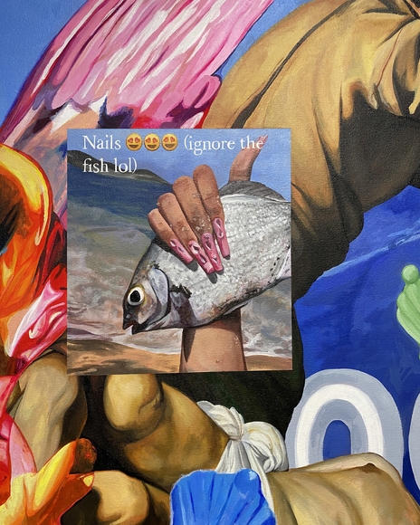Painting of hand holding a fish with text "Nails (ignore the fish lol)"