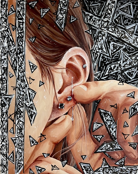 Hands push a piercing needle through an ear lobe containing two additional earrings, while abstract geometric shapes obscure a sliver of the figure’s face, hands, and background.