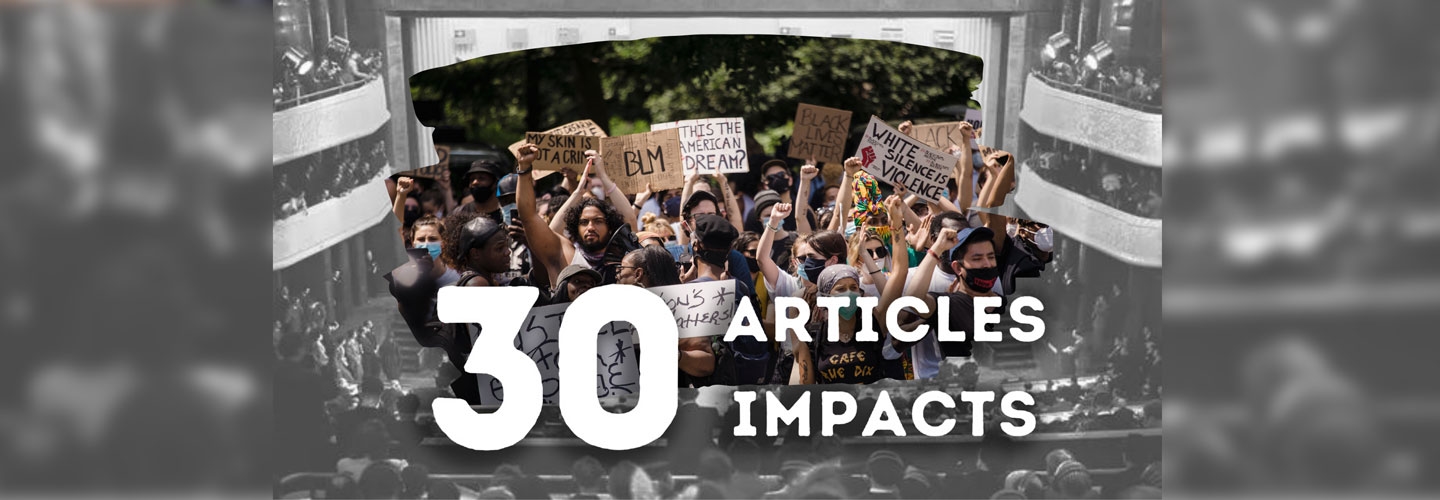 "30 Articles 30 Impacts" over a photo collage of protesters and an auditorium