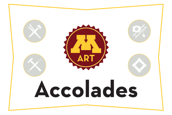 UMN Art logo inside maroon starburst with four gray emblems and "Accolades" in black
