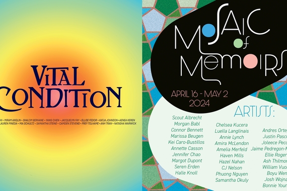 "Vital Condition" on gradient circle and "Mosaic of Memoirs" on black, blue, and green tile