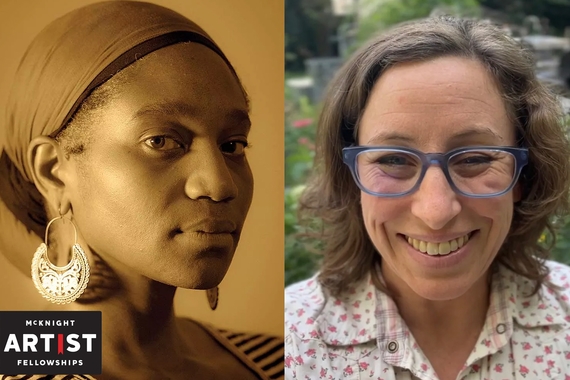 Two headshots: at left, a Black woman wearing headscarf and crescent moon earrings in sepia tone; at right, a white woman smiling in a garden. "McKnight Artist Fellowships" logo in bottom left corner.