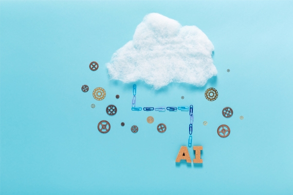 Art of a cloud surrounded by gears, a path of paper clips linking the cloud to the word 'AI'