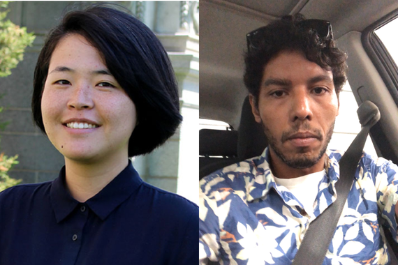Side-by-side images of two individuals. The person on the left is smiling and has short dark hair, wearing a navy blue shirt. They are standing outdoors with a blurred background. The person on the right has short curly hair and a beard, wearing a blue floral shirt, and is seated in a car with a seatbelt on.