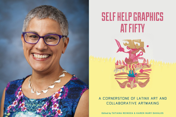 Image of Karen Mary Davalos next to book cover of "Self-Help Graphics at Fifty"