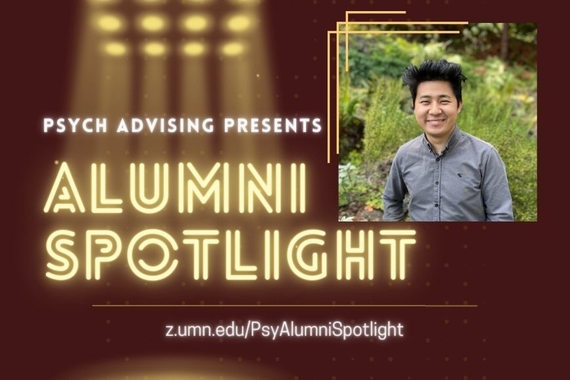 "Psych Advising Presents: Alumni Spotlight" image, with a headshot of Yuyang Zhao, smiling and wearing a grey shirt