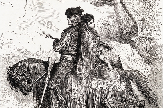 An illustrated black and white image of a woman and a man on a horse.