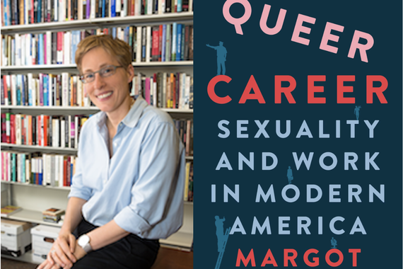 On the left is a portrait of Margot Canaday (white with short blond hair, blue blouse, black pants) seated in front of a wall of books. On the right is the cover of "Queer Career."