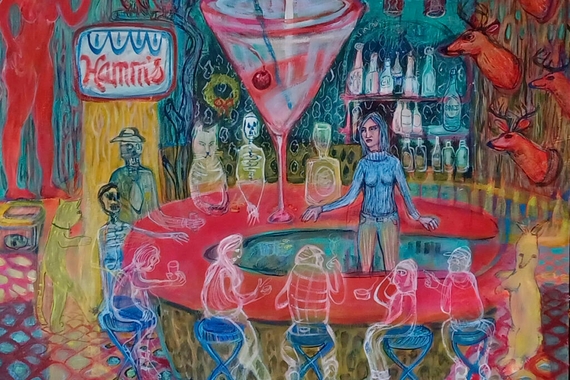 Painting of a surreal, colorful bar scene with ghostly patrons and a giant martini glass on a red horseshoe shaped bar.