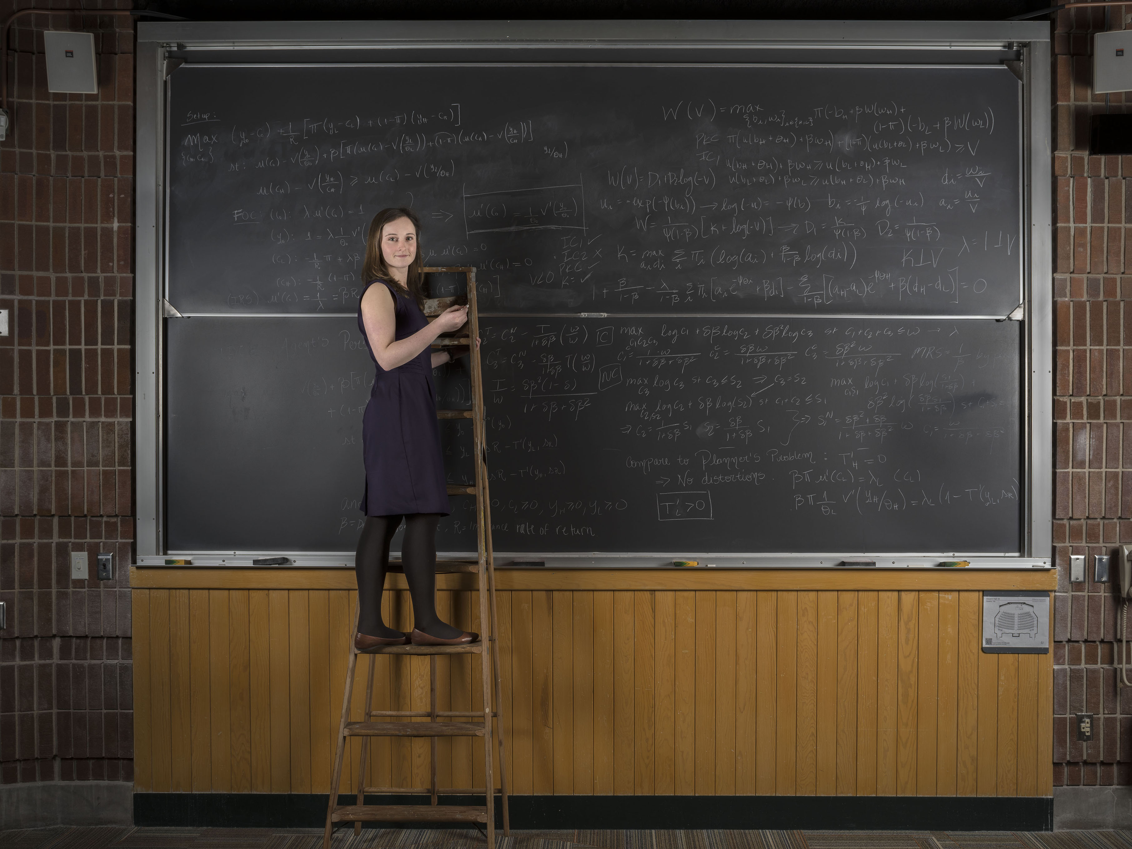 A female PhD students stands in front of a chalk board filled with equations on a tall ladder.