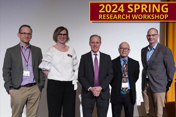 Group photo of Benjamin Lynch, Hayley Borck, Steve Simon, David Maeda, and Galin Jones with a graphic reading Spring 2024 Spring Research Workshop