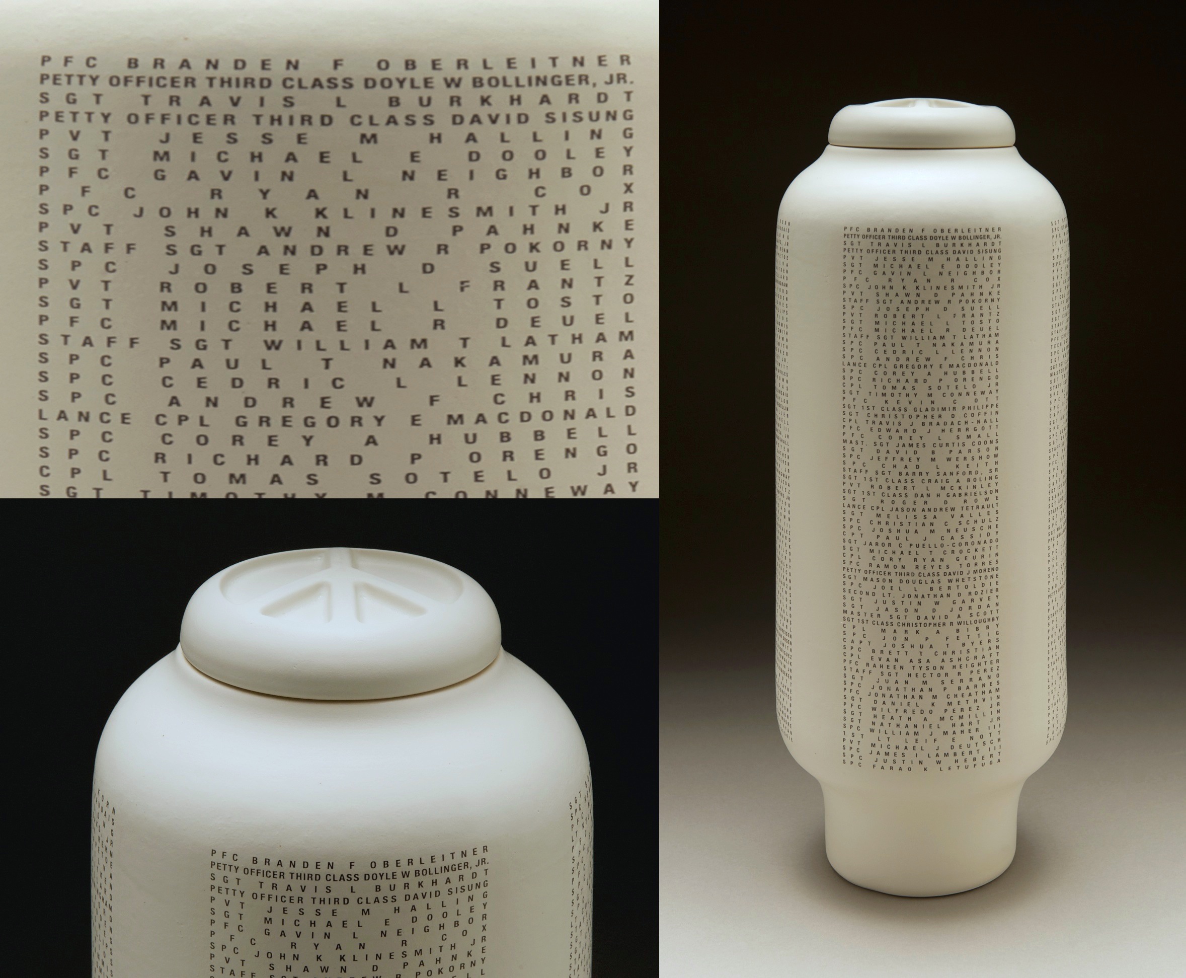 Image of a ceramic vessel with accompanying detail shots of the names of soldiers killed in battle during the Iraq war.