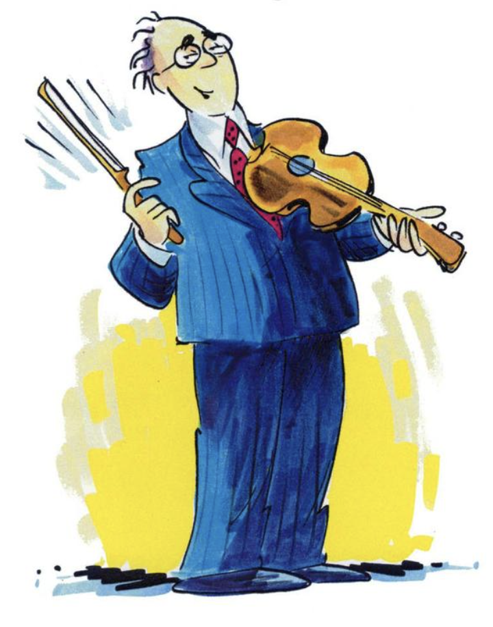 Cartoon of a smiling man wearing a suit and holding a violin