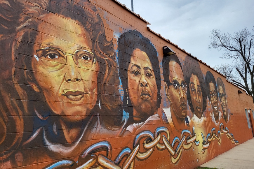 A mural outside of the historic COFO headquarters depicting important figures in Jackson’s civil rights history (Photo by Alec Zadra)