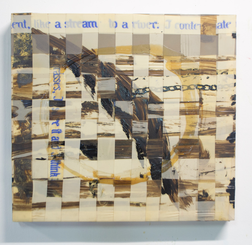 Strips of sheet latex are woven atop each other and stretched onto a canvas stretcher. There is distressed horizontal blue text at the top that reads “...ent. like a stream to a river. I concentrate…” Vertical text runs along the left side reading “...grasses, I see it and I think…” There is faded asphaltum—a shiny, deep brown black coating—painted on the weaving and conceals parts of the text.