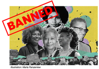 Collage Black activists with the word "banned' in red and all caps stamped over part of the image