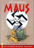 Book cover of Maus by Art Spiegelman showing two cartoon mice huddled beneath a menacing swastika and image of a stylized cat that looks like Hitler