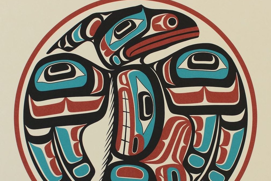 Illustrated design: Raven in bold geometric patterns, teal, red and black. Art by Eugene Hunt, Fort Rupert Band of Kwagiuth nation