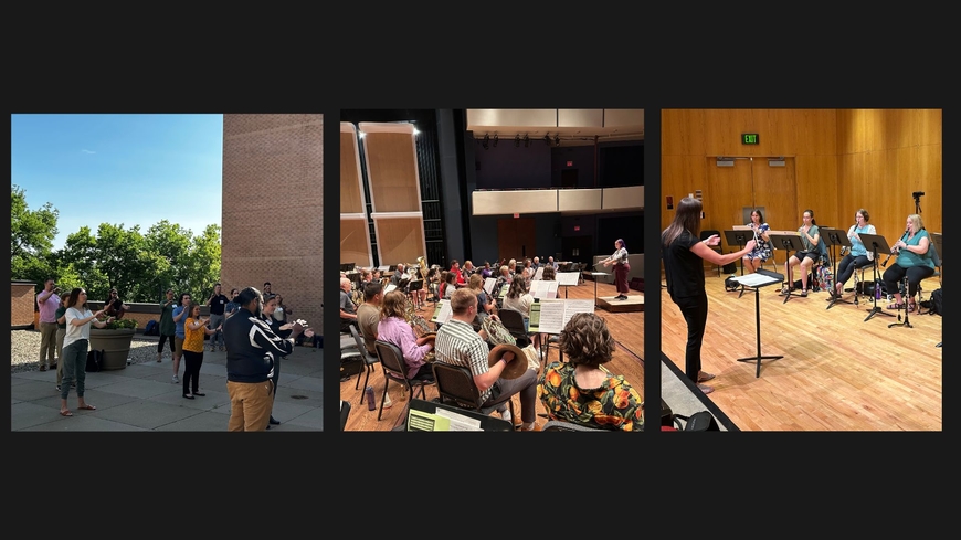 Images of people conducting music in various settings: outside, on the Ted Mann Concert Hall stage, and in Ultan Recital Hall.