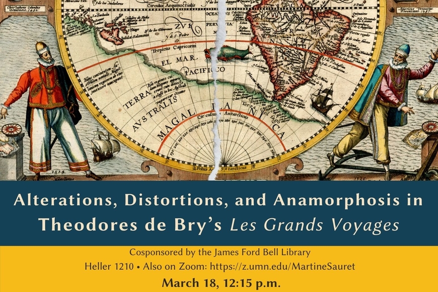 Event poster: A two-dimensional world map, circular, with 4 people standing around dressed in early modern clothing