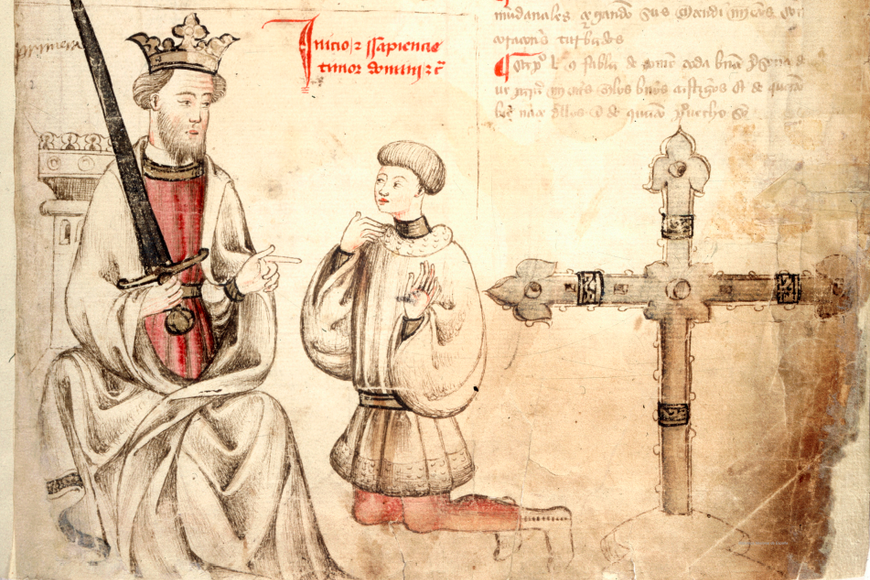 Manuscript Image: A boy in simple clothing kneels infront of the king, seated in royal robes, wearing a crown and holding a sword. 