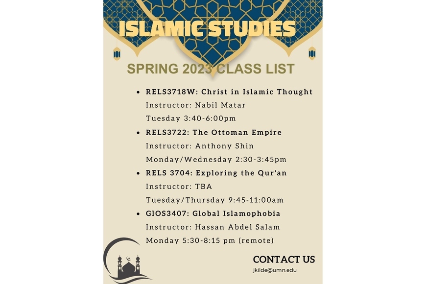 Islamic Studies Spring 2023 Class List with class name, instructor name and class time