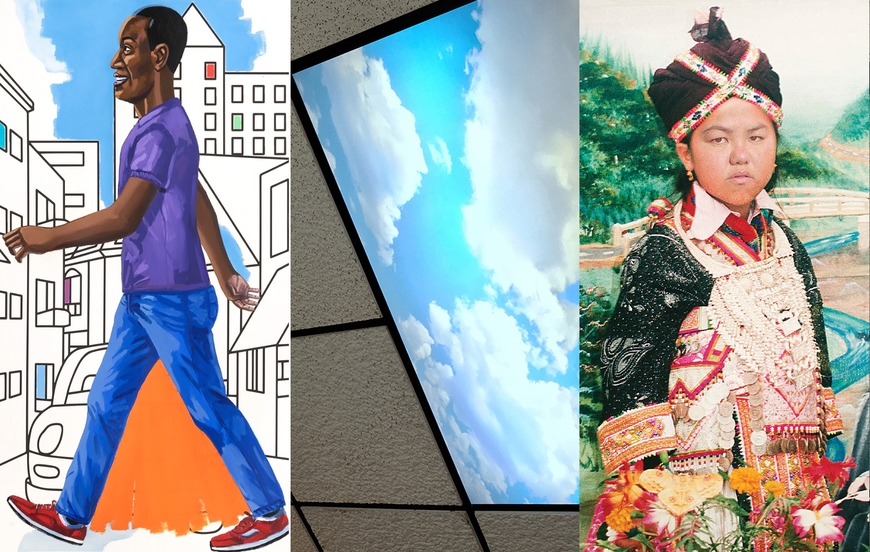 Three images: Painting of a Black man in purple shirt and blue jeans walking in profile through a city, Digital collage of Pao Houa Her wearing traditional Hmong attire, Sculpture of drop panel ceiling with one panel a blue cloudy sky