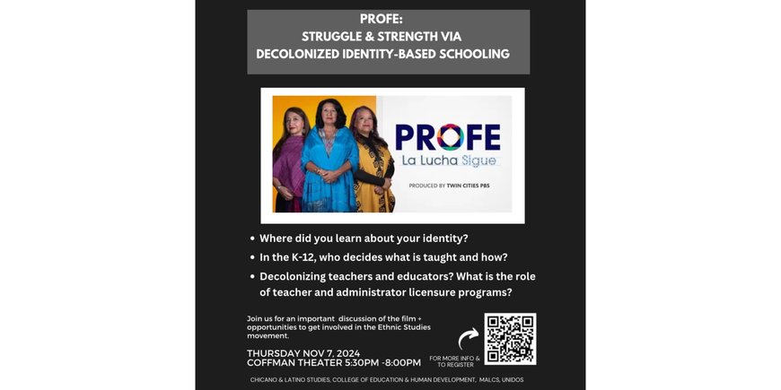 Banner with screenshot of PROFE film and event information with a QR code registration link.