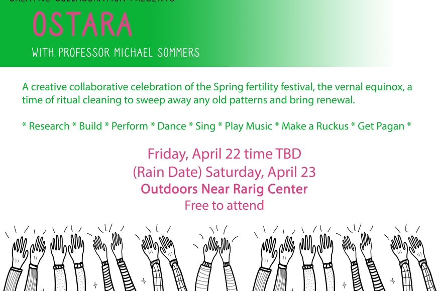 The image has information about the Ostara festival with words reading: Research. Build. Perform. Dance. Sing. Play Music. Make a Ruckus. Get Pagan. Doodles of hands reaching up into the air line the bottom of the image.