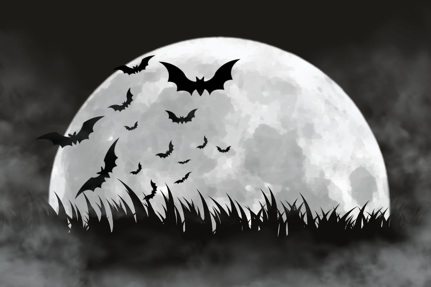 Drawing of the moon on a cloudy night with bats flying in front of it. 