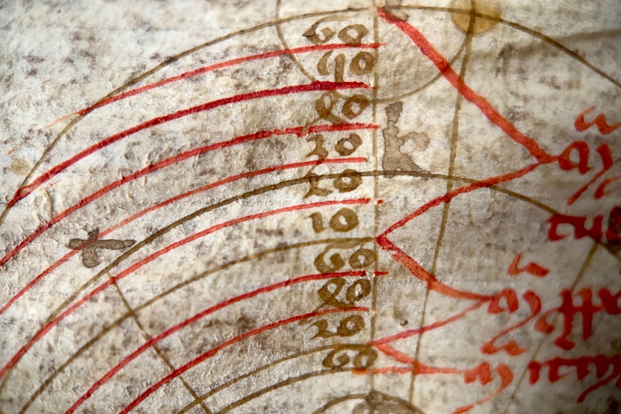 Astronomical diagram featuring curved lines and numeric markings, circa 13th century. Part of the James Ford Bell Library Collection.