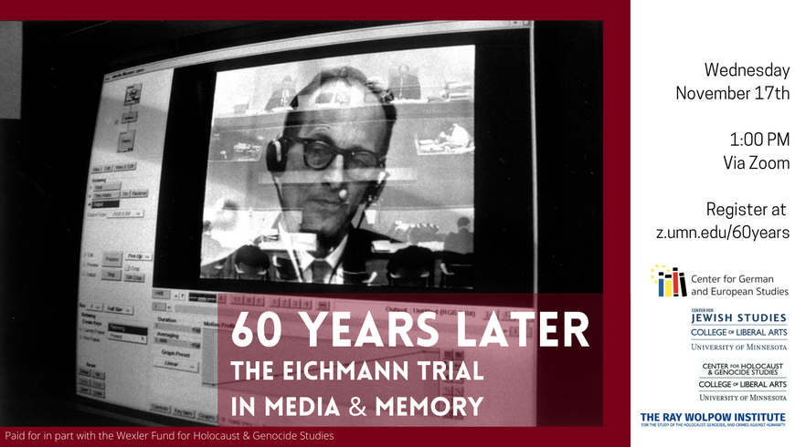 A technical image of the Eichmann trial in the background with information about the event overlaying it.