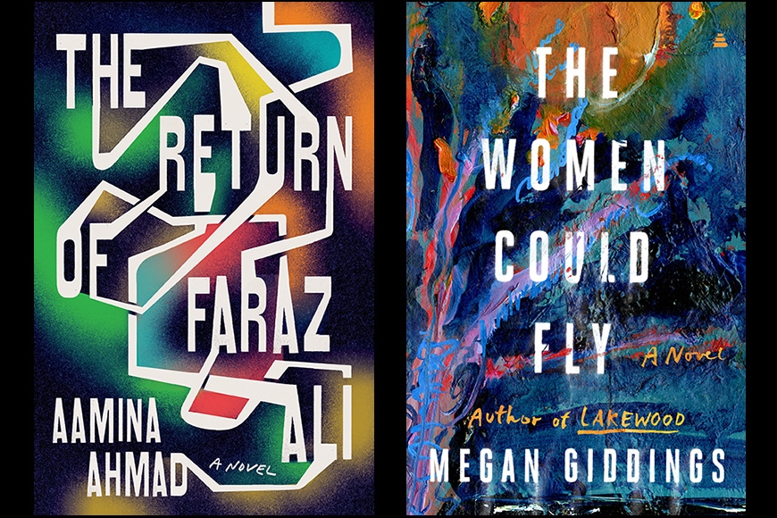 Two book covers side by side, both with white type over abstract color backgrounds. Text of first: The Return of Farzaz Ali, Aamina Ahmad. Text of second: The Women Could Fly, Megan Giddings