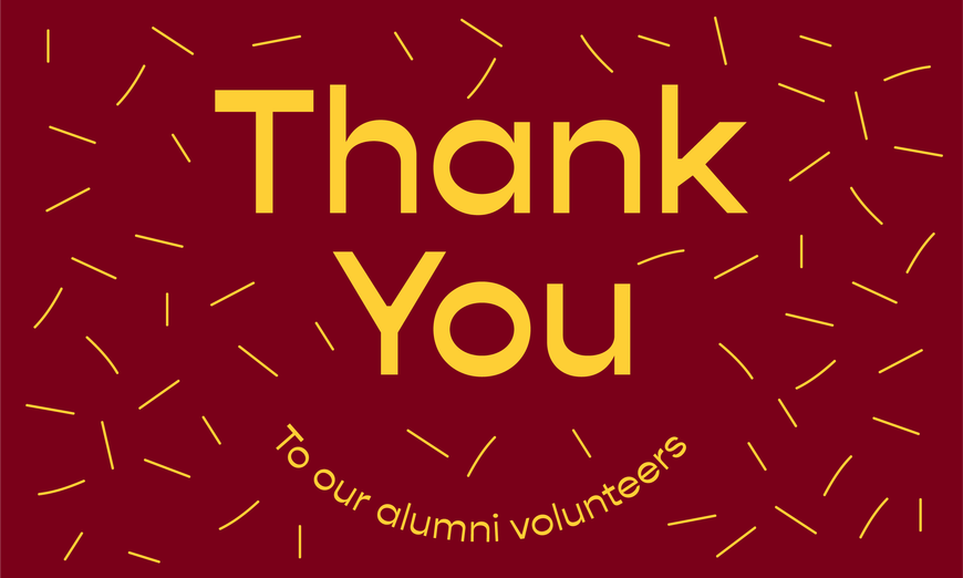 A maroon backdrop with yellow confetti and the words thank you to our alumni volunteers