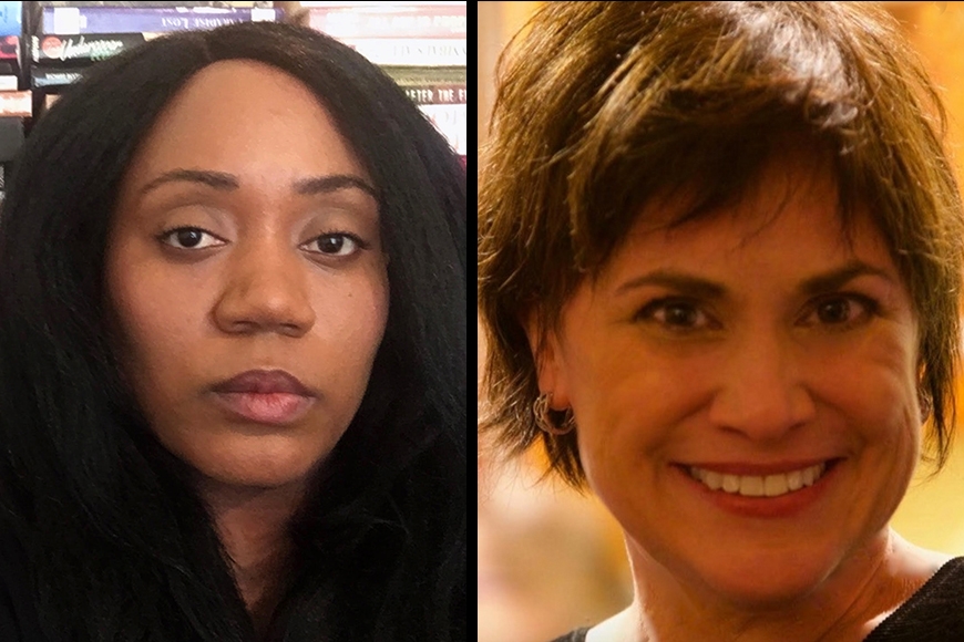 Side-by-side head shot photos of two people: on left, person with dark hair down to shoulders and brown skin; on right, person with short dark hair to chin and light skin