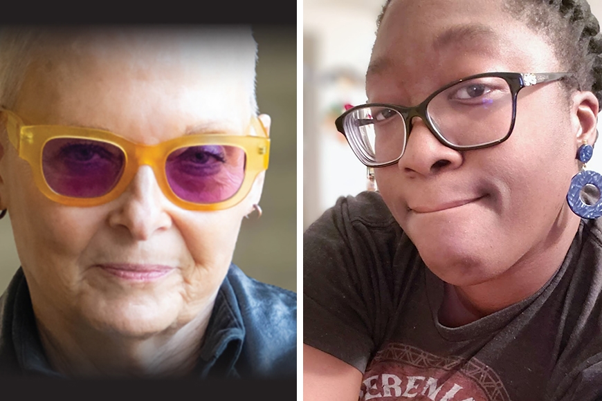 Two head and shoulder photos side by side; on left, person with white short hair and light skin wearing yellow rimmed glasses with pink lenses; on right, person with pulled back dark hair and brown skin, wearing black rimmed glasses and dark top