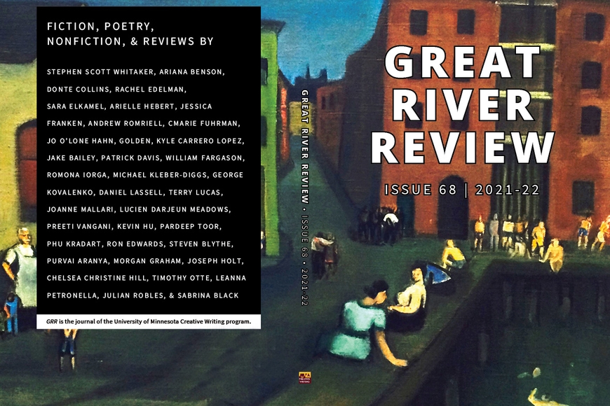 Image of cover of GRR, with color painting of city in background with brick-red building and people sitting and walking; white letters GREAT RIVER REVIEW over painting, and to the left, a black box with many names of contributors in white ink.