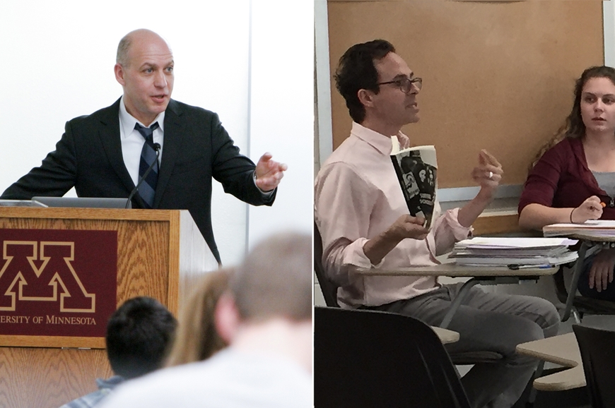 Side by side photos: on left, person with very short hair and light skin, wearing suit and gesturing with left hand; on right, person with dark short hair and light skin, wearing glasses and pink shirt and holding book in right hand