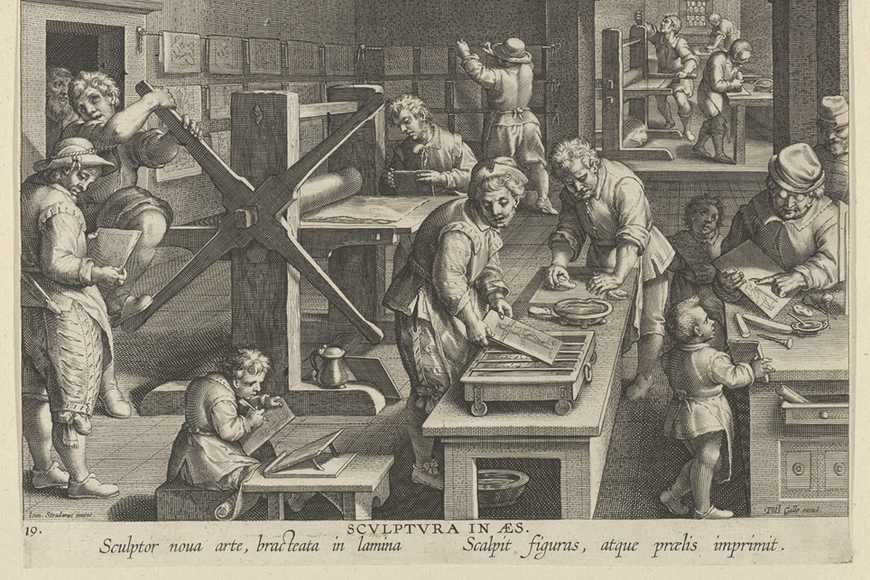drawing of workers at printing presses 