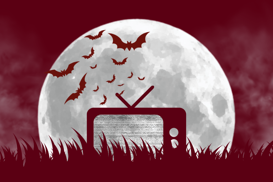 Large moon with silhouette of bats and an old television in front. 