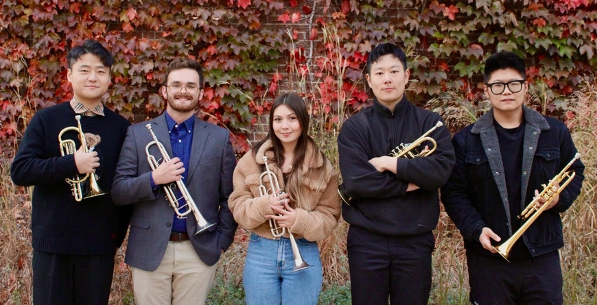Trumpet Graduate Students Sijie Yang, Wentao Xiao, Courtney Edwards, Trevor Crawford, and Huiyi Cheng